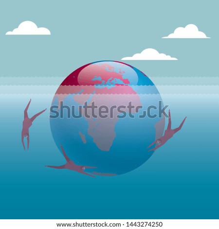 Businessman diving, around the earth. The background is blue.	