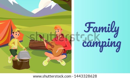 Family Camping Banner. Cartoon Father Son in Forest Camp Vector Illustration. Man Play Musical Instrument Guitar. Boy Drummer Hit Camp Pot on Stump. Park Picnic. Tent in Wood. Music Concert