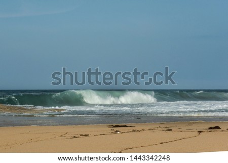 The big breaking waves during a strom at the beautiful summer sea shore background the blue sky and horizon.