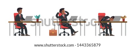 Male manager in office suit sitting at desk typing at laptop, relaxing after work in crossed legs pose, lying down at table as result of overwork. Flat modern vector illustration.