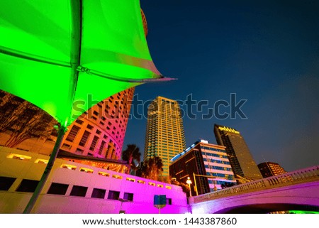 Colorful lighting in Tampa riverwalk at night. Florida, USA