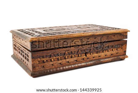 Wooden carved casket isolated over white background