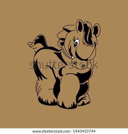Vector drawing of the toy horse in black lines on a brown background. Eco design