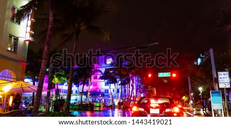 Colorful night in world famous Ocean Drive, South Beach. Miami Beach, USA