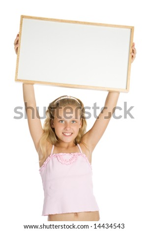 Young girl holding a white banner over a white background