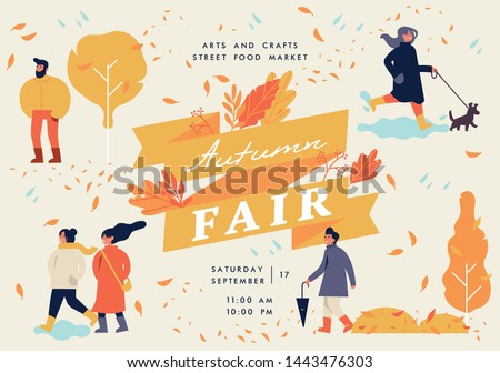 Vector autumn fair poster, flyer or banner or banner template with people enjoying their time outdoors in park. Fall holiday season recreation and public event Royalty-Free Stock Photo #1443476303
