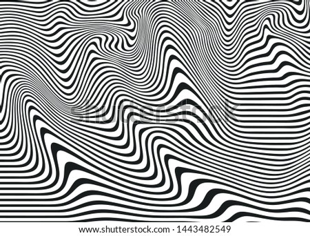 
Black and white abstract waves of curved lines in the style of a zebra skin. For covers, business cards, banners, prints on clothes, wall decorations, posters, canvases, sites. video clips. Modern Ve