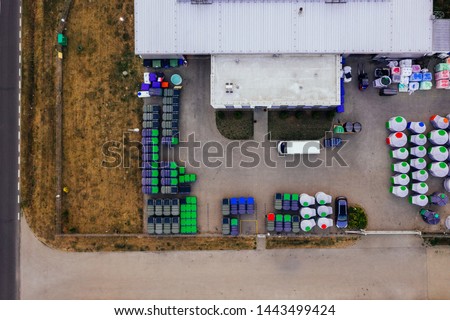 Aerial view of the distribution center, drone photography of the industrial logistic zone. 