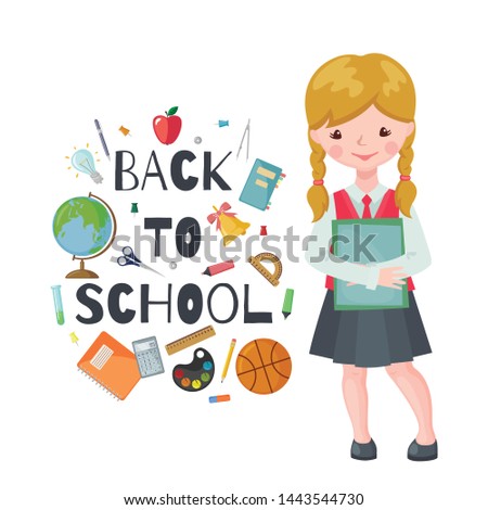 Cute School girl character with books and school supplies isolated on white background. Happy pupil. Education concept. Vector illustration.