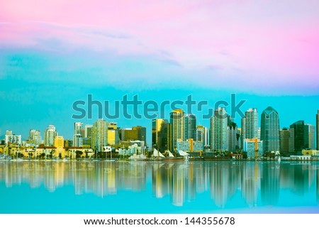 San Diego California skyline and bay at dusk