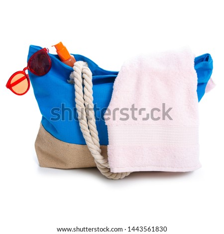 Summer holidays, vacation and travel concept. Beach handbag and accessory travel on white background isolation