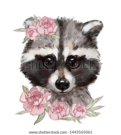beautiful raccoon, raccoon with flowers, cute children illustration, best print on t-shirt, animal print with peonies on a white background.