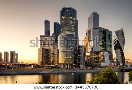 Buildings of Moscow-City, urban landscape at sunset, Russia, Europe. Moscow International Business Center is new district of financial and office towers. Nice skyline of modern tall buildings at dusk Royalty-Free Stock Photo #1443578738