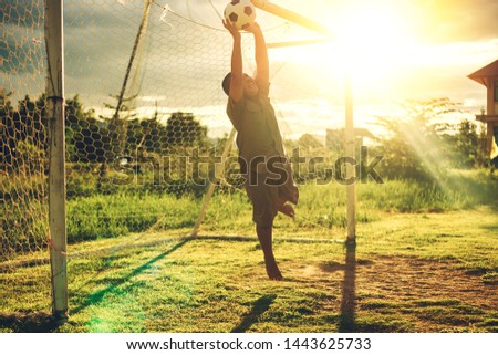 Action picture of young boy playing soccer football as a goal keeper which is good exercise activity to learn the rules and team work for kids. Childhood and sport concept.