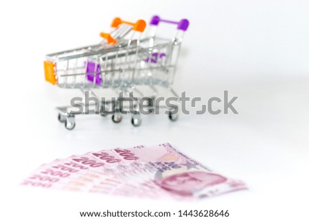 Turkish 200 banknotes with shopping basket background.