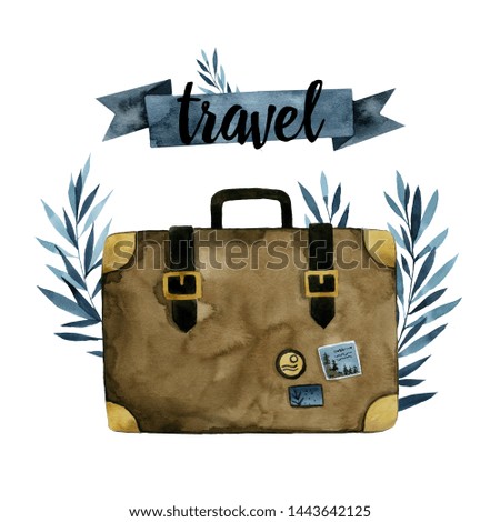 brown retro suitcase for travel, blue branches, watercolor illustration