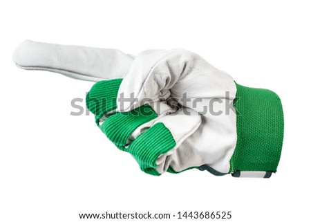 Hand in working glove. Isolated on white background with exposed index finger.
