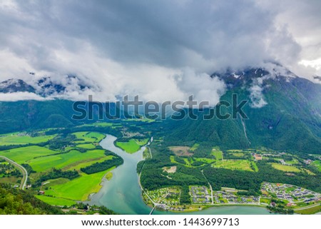 Aerial view on Andalsnes, Norway,  Mountain Landscape and Fjord View, Rauma, Romsdal, Norway. 
