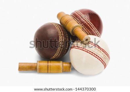 Close-up of cricket balls and bails