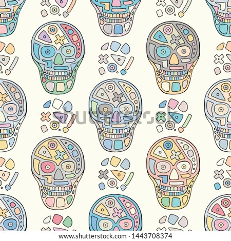 Vector blue hand drawn seamless pattern, illustration of skull with geometrical tribal figures, Print horror for fabric. Mexican style, day of the dead, halloween. Sketch, doodle drawing