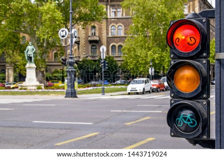 Traffic light on Andrássy Avenue - the main street of the Hungarian capital. The historic center of the Budapest. Red light - traffic is stopped. Selective focus.