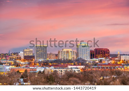Colorado Springs, Colorado, USA downtown city skyline at dusk. Royalty-Free Stock Photo #1443720419