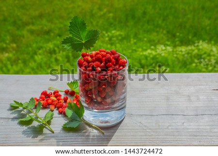 On a wooden surface is a glass of wild strawberries. Nearby scattered a few berries and leaves. Summer nature in the background with blur. Ripe berries are rich in vitamins for a healthy diet.