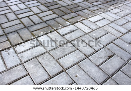 The site is partially wet from the rain paving gray road tiles on the pedestrian road of the city.