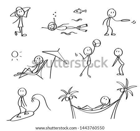 Set of summer vacation stick figures. Hand drawn black and white stick men symbolizing rest on the vacation and different summer leisure activities. Cute cartoon characters, simple drawn vectors. Royalty-Free Stock Photo #1443760550