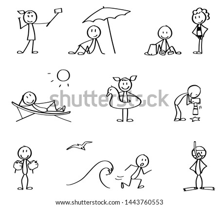 Set of summer vacation stick figures. Hand drawn black and white stick men symbolizing rest on the vacation and different summer leisure activities. Cute cartoon characters, simple drawn vectors. Royalty-Free Stock Photo #1443760553