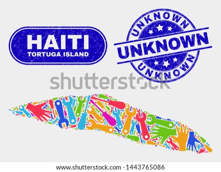 Assemble Tortuga Island of Haiti map and blue Unknown distress stamp. Bright vector Tortuga Island of Haiti map mosaic of industrial parts. Blue rounded Unknown stamp.
