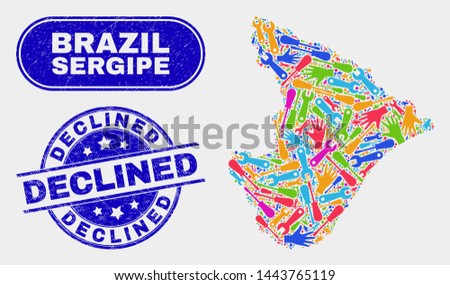 Factory Sergipe State map and blue Declined distress seal. Colored vector Sergipe State map mosaic of tools items. Blue round Declined seal.
