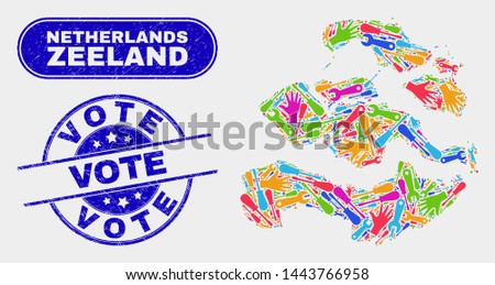 Constructor Zeeland Province map and blue Vote textured stamp. Colorful vector Zeeland Province map mosaic of machinery items. Blue rounded Vote stamp.