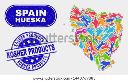 Assembly Hueska Province map and blue Kosher Products textured seal stamp. Bright vector Hueska Province map mosaic of workshop items. Blue round Kosher Products seal.