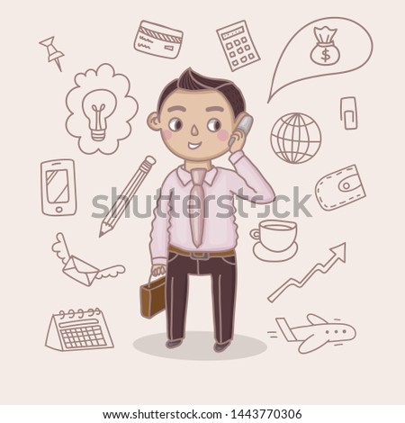 Cute male businessman surrounded by office items: coffee, paper clip, planet, pencil, calendar, letter, bank card, smartphone, idea, pushpin, plane, money, calendar