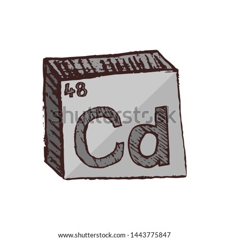 Vector three-dimensional hand drawn chemical silvery-gray symbol of cadmium with an abbreviation Cd from the periodic table of the elements isolated on a white background.