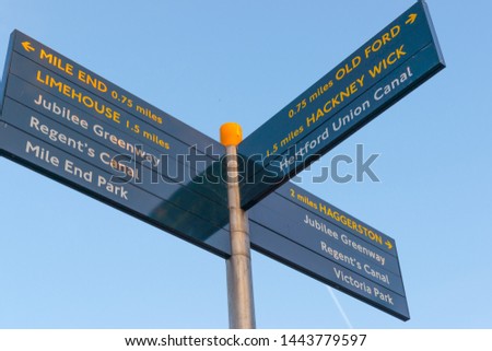 London direction sign pointing the way to city places and parks.
