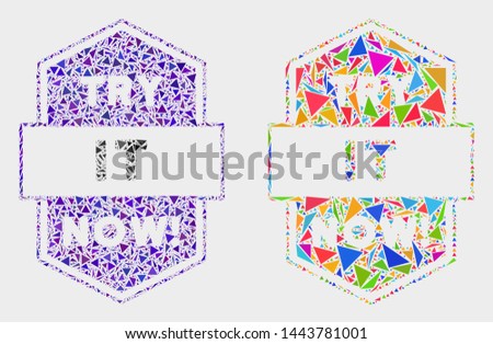 Try it now stamp collage icon of triangle items which have variable sizes and shapes and colors. Geometric abstract vector illustration of try it now stamp.