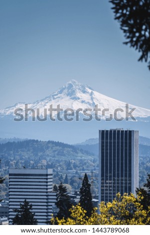 View of snow-covered Mt. Hood from the Japanese Gardens in Portland, Oregon.