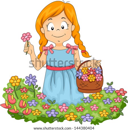Illustration of Little Kid Girl with Basketful of Flowers Picking Flowers in a Garden