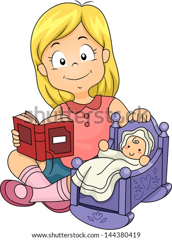 Illustration of Little Kid Girl Playing with Baby Doll while Reading a Book