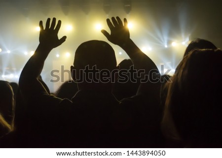 Musical concert. People in the concert hall at the disco . Singer in front of the audience. Fans at the concert. Blurred image / blurred photo. Maruv