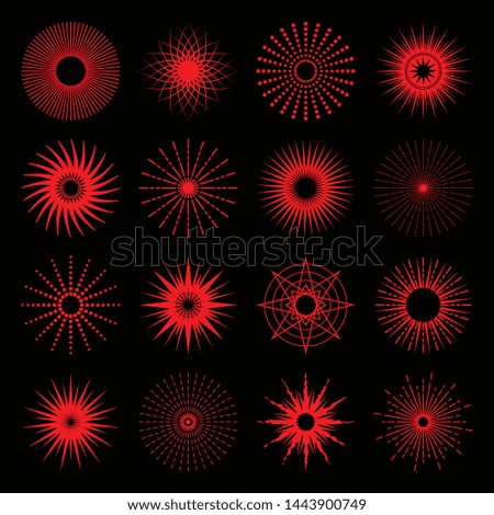 Red isolated beams and rays light stars icons set on black background