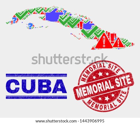 Sign Mosaic Cuba map and seals. Red rounded Memorial Site grunge stamp. Colored Cuba map mosaic of different random icons. Vector abstract composition.