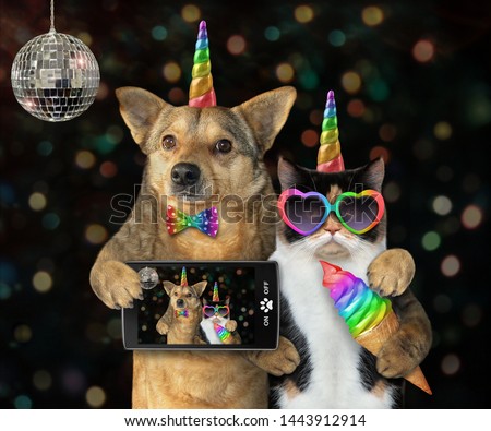 The dog unicorn in a bow tie with a smartphone and the cat unicorn in sunglasses with a colored ice cream cone made selfie together at the party.