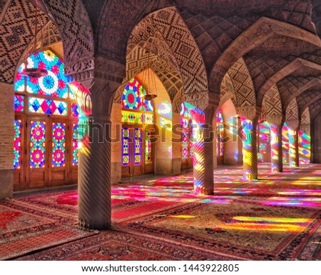 Stained glass window light Nasir al-Mulk Mosque in Shiraz, Iran Royalty-Free Stock Photo #1443922805
