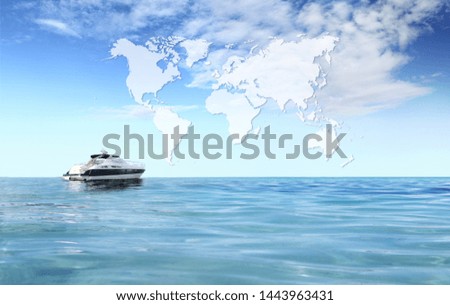 a luxury private motor yacht on tropical sea with blue sky clouds sunshine, international map on empty background copy space