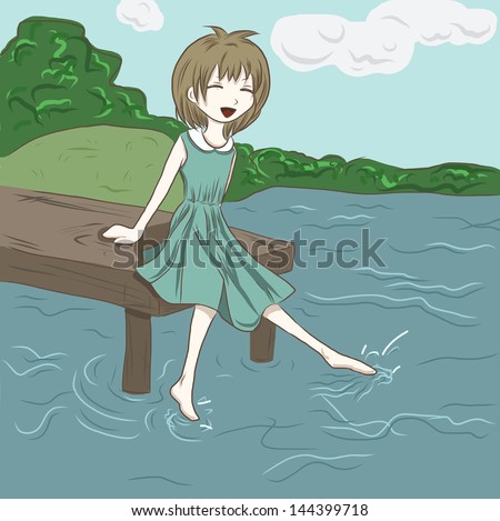 Concept vector illustration of a young girl playing with water. Doodle style cartoon summer outdoor leisure activity in the nature. 
