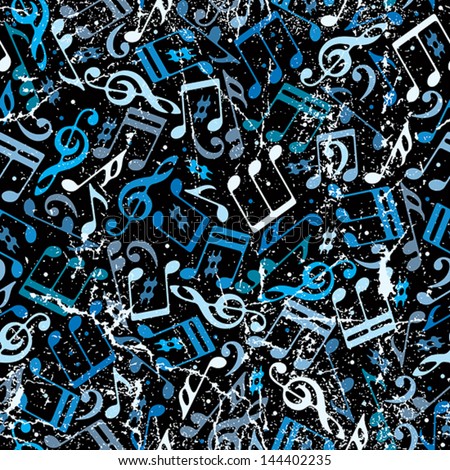 Blue musical notes seamless background with grunge texture, seamless pattern, vector.