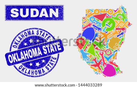 Mosaic service Sudan map and Oklahoma State seal stamp. Sudan map collage created with scattered colorful equipment, palms, industrial items.